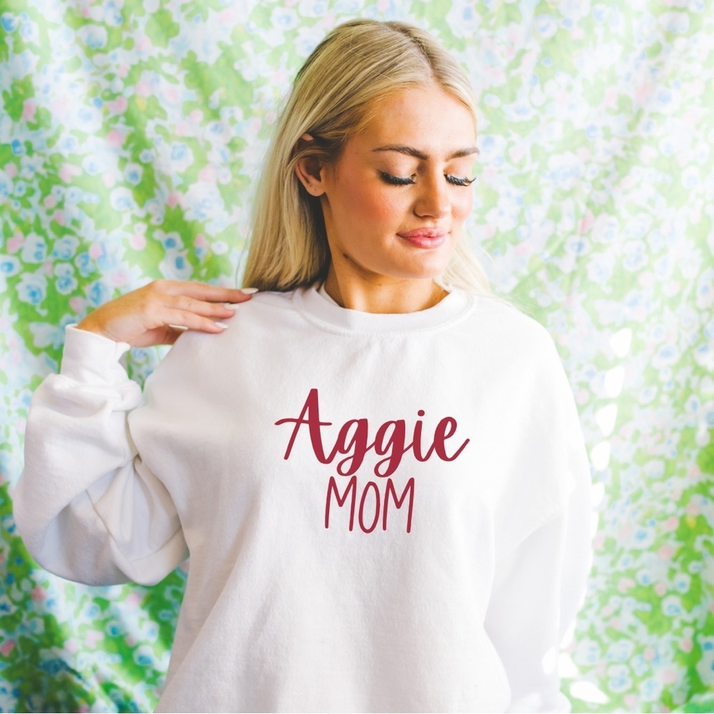 Maroon Aggie mom white sweatshirt